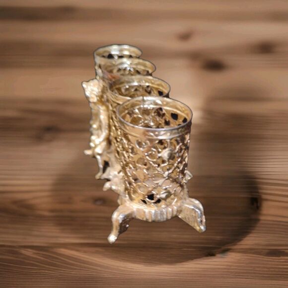 Vintage Sam Fink Gold Filigree Ornate 4 Tube Lipstick Holder with Cherub - Picture 2 of 7